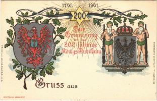 1701-1901 Zur Erinnerung an das 200 jährige Königs-Jubiläum / To commemorate the 200th anniversary of the Kingdom Of Prussia. Druck v. Julius Sauer (Danzig) Entworfen von W. Falliner (Pastenburg) Art Nouveau, floral, litho with coat of arms