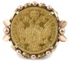 14K Arany (Au) Gyűrű, benne Ausztria 1915. Dukát Au "Ferenc József" utánveret foglalattal....