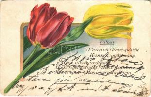 1906 Kassa, Kosice; Franck kávé-pótlék tulipános hazafias reklámlapja / Franck coffee-substitute advertisement, tulip patriotic litho (kopott sarkak / worn corners)