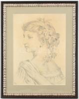 Geyer és Karlovszky B jelzéssel: Női arckép. Ceruza, papír. Üvegezett fa keretben. 56×42 cm