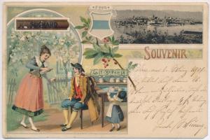 1901 Zoug, Zug; Souvenir Suchard Lait Condense / Swiss condensed milk advertisement card. Art Nouveau, floral, litho with coat of arms (ázott / wet damage)