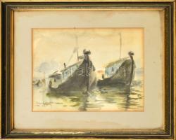 Szeredás Jenő (1914-2004): Hajók a kikötőben. Akvarell, papír. Jelzés nélkül, autográf ajándékozási sorokal. Üvegezett, kissé sérült fa keretben. KIssé foltos paszpartuval és lappal. 21,5x29 cm
