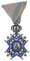 Jugoszlávia ~1920-1930. Szent Száva Rend IV. osztály aranyozott és zománcozott Ag kitüntetés mellszalaggal (41x62mm) T:1-,2 kopott aranyozás Yugoslavia ~1920-1930. Order of Saint Sava 4th class gold plated and enamelled Ag decoration with ribbon (41x62mm) C:AU,XF gold plating worn
