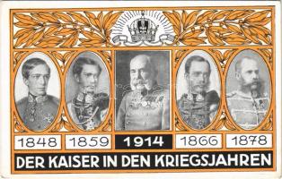 1848-1859-1866-1878-1914 Ferenc József portréja különböző harcok idején. Szecessziós lap / Der Kaiser in den Kriegsjahren / Franz Joseph at the time of various wars. Offizielle Postkarte für das Rote Kreuz, Kriegsfürsorgeamt und Kriegshilfsbüro 12. Art Nouveau