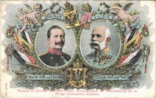 Durch Dick und Dünn durch Not und Tod / II. Vilmos és Ferenc József császár. Szecessziós díszes propganda / Wilhelm II and Franz Josef, Viribus Unitis propaganda, Art Nouveau (EK)