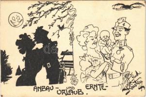 1917 Anbau- und Ernteurlaub / WWI Austro-Hungarian K.u.K. military art postcard, humour, support fund. Deutschmeister Witwen- und Waisen-Stiftung (Aktion im Felde) Nr. 13 . s: Rud. Kristen (fl)