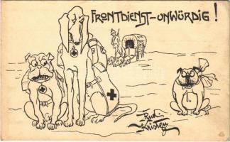 1917 Frontdienst Unwürdig! / WWI Austro-Hungarian K.u.K. military art postcard, humour, support fund. Deutschmeister Witwen- und Waisen-Stiftung (Aktion im Felde) Nr. 62. s: Rud. Kristen (EK)