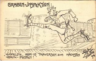 1917 Graben Inspektion: Himmelfix, noch 15 Traversen zum nächsten Horch-Posten! / WWI Austro-Hungarian K.u.K. military art postcard, humour, support fund. Deutschmeister Witwen- und Waisen-Stiftung (Aktion im Felde) Nr. 66. s: Rud. Kristen (EK)