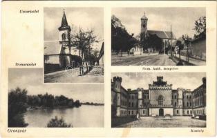 1933 Oroszvár, Rusovce (Pozsony, Pressburg, Bratislava); utca, Római katolikus templom, Duna részlet, Gróf Lónyay kastély (Zichy kastély) / street view, church, Danube riverside, castle (fl)