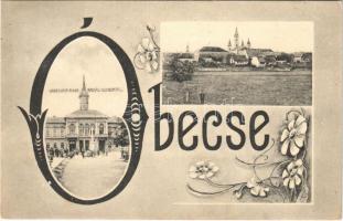1909 Óbecse, Ó-Becse, Stari Becej; Városháza a Szabadság szoborral. Lévai Lajos kiadása. Szecessziós iniciálés lap / town hall, monument. Floral, Art Nouveau initials