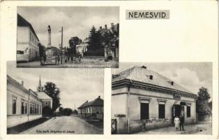 1939 Nemesvid, utca részlet a Hősök szobrával, Római katolikus templom és iskola, Hangya Szövetkezet üzlete és saját kiadása (EK)