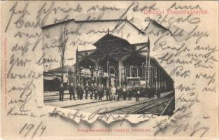 1902 Püspökladány, Vasúti indóház, pályaudvar, vasutasok, létra. Fénynyomat Divald műtintézetéből (EK)