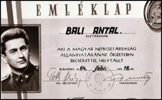 1964 Bali Antal határőr részére kiállított fényképes emléklap, a Magyar Népköztársaság államhatárának őrzéséért, Kotnyek Antal (1921-1990) budapesti fotóriporter hagyatékából 1 db NEGATÍV, 4,8x6,9 cm