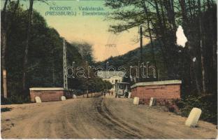 1911 Pozsony, Pressburg, Bratislava; Vaskutacska, Ferdinánd király vasfürdő, korai trolibusz / Eisenbrünnel (Eisenbründl) / Zelezná Studénka / spa with early trolleybus (felületi sérülés / surface damage)