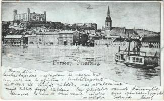 1898 Pozsony, Pressburg, Bratislava; vár, rakpart, gőzhajó / castle, quay, steamship (vágott / cut)