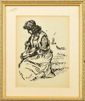 Rippl-Rónai József (1861-1927): Zenélő hölgy. Cinkográfia, papír, jelzett a cinkográfián, üvegezett fa keretben, 24×17 cm