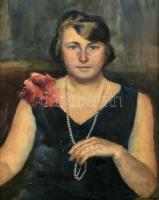 Mendlik Lajos (1903-1985): Elegáns hölgy gyöngysorral, 1927. Akvarell, papír, jelzett. Korabeli, késő szecessziós üvegezett fa keretben, 58×40 cm