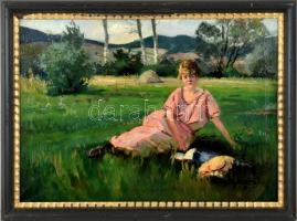 Gyertyáni Németh Gyula (1892-1946): Pihenő hölgy a réten. Olaj, vászon. Jelzett. Restaurált. Dekorat...