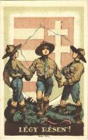 1930 Légy résen! A Magyar Cserkész Szövetség hivatalos lapja, a Magyar Cserkész kiadása. A m. kir. állami térképészeti intézet nyomása / Hungarian irredenta boy scout art postcard s: Hampel-Scharf