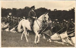 1933 Gödöllő, Cserkész Világ Jamboree, Horthy Miklós fehér lovon zászlókat tartó cserkészek előtt / IV. Scout Jamboree, Horthy on white horse. photo (ragasztónyom / gluemark)