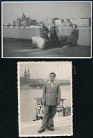 1949-1953 Budapesti életképek, a háttérben a Kossuth-híddal, 2 db fotó, feliratozva, 8,5x14 cm és 11,5x8,5 cm