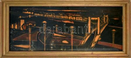 Jelzés nélkül: Éjszakai budapesti panoráma az Erzsébet-híddal. Olaj, karton. Kissé foltos. Üvegezett...