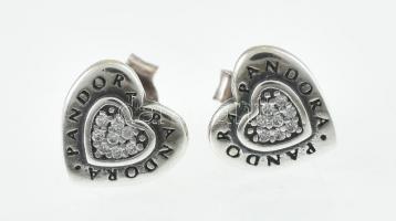 Ezüst(Ag) szívecskés fülbevalópár, Pandora jelzéssel, 1×1 cm, bruttó: 1,56 g