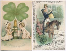 7 db RÉGI motívum képeslap: üdvözlőlapok, állatok, humor, romantikus párok, litho / 7 pre-1945 motiv...