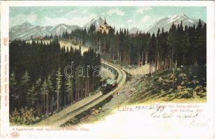 1905 Tátra, Magas Tátra, Vysoké Tatry; A fogaskerekű vasút tájrészlete a Csorbai tóhoz. Feitzinger Ede 4. 1903/13. / Partie der Zahnradbahn zum Csorbaer-See / Strbské pleso / cogwheel railway to the lake