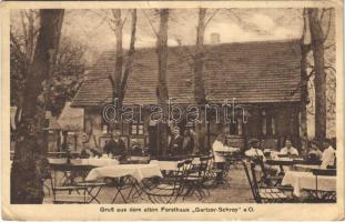1929 Gartz, Gruß aus dem alten Forsthaus Gartzer-Schrey / old forest house, inn, garden with guests and waiters. Photo-Verlag Dumroese (Stettin) (small tear)