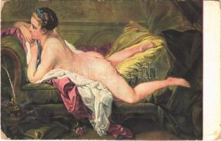 Ruhendes Mädchen / Fille reposante / Erotic nude lady art postcard. Hanfstaengls Künstlerkarte Nr. 192. s: Fr. Boucher (kopott sarkak / worn corners)