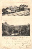 1906 Királyháza, Korolevo, Královo nad Tisou; vasútállomás, vasúti vendéglő és tiszti lak, Várhegy. Gödör Gyula vasúti vendéglős kiadása / railway station, restaurant and officers' house, castle hill