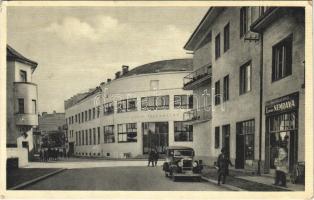 Pöstyén, Piestany; Új posta, utca, Union, Leopold Nemrava könyvkötészete, automobil, üzlet / new post office, street, automobile, book shop (Rb)