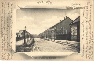 1902 Balassagyarmat, Balassa-Gyarmat; Otthon telep és indóház, vasútállomás, Renk Ernő üzlete télen. Halyák István kiadása (EK)