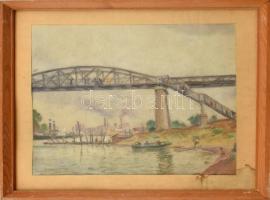 Olvashatatlan (Diener-Dénes?) jelzéssel: Híd a folyó felett. Pasztell, papír, üvegezett fa keretben. Kissé foltos. 32x45,5 cm