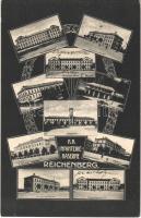 Liberec, Reichenberg; K.K. Infanterie-Kaserne, Mannschaftsgebäude, Marketender-Gebäude, K.K. Schiess-Stätte, Stabsgebäude, Unter-Offiziers-Wohngebäude, Offiziers-Wohngebäude. Lichtdruck von Ed. Strache / Austro-Hungarian K.u.K. military infantry barracks, canteen, shooting range, staff building, officers residential buildings. Floral (Rb)