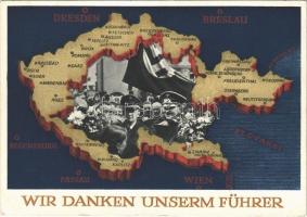 1939 Wir danken unserm Führer / NSDAP German Nazi Party propaganda, Adolf Hitler, Konrad Henlein, map of the Czech Republic, swastika. 6 Ga. (EK)