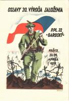 1938 Kassa, Kosice; Oslavy 20. Vyrocia Zalozenia. P.P.L. 32. Gradsky / 20th anniversary of the foundation of P.P.L. 32 Gradsky. Czech Propaganda art postcard + So. Stpl s: Böhmer