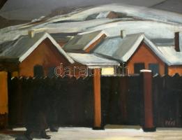 Vén Emil (1902-1984): Hódmezővásárhelyi utca télen. Olaj, farost, jelzett, hátoldalán autográf felirattal, üvegezett fa keretben, 60×80 cm