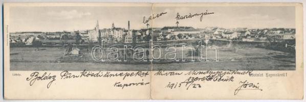 1915 Kaposvár, látkép, vasútállomás, városi villanytelep, vonat. Fenyvesi Béla kiadása, kihajtható panorámalap / folding panoramacard (hajtásnál kicsit szakadt / slightly torn at fold)