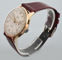 Aureole kronográf 18K arany tokos, jelzett, 17 köves kézi felhúzós karóra, bőr szíjjal, számlap enyh...