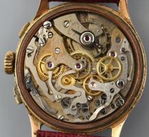 Aureole kronográf 18K arany tokos, jelzett, 17 köves kézi felhúzós karóra, bőr szíjjal, számlap enyh...