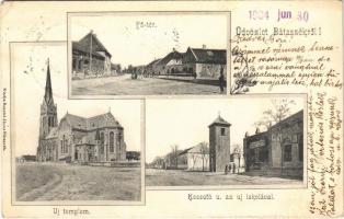 1904 Bátaszék, Fő tér, üzlet, Új templom, Kossuth utca az új iskolával, Tűzoltószertár, tűzoltótorony. Szániel János kiadása (EK)