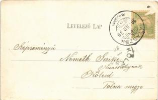 1904 Bátaszék, Fő tér, üzlet, Új templom, Kossuth utca az új iskolával, Tűzoltószertár, tűzoltótoron...