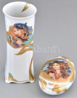 Hollóházi Faragó Miklós által tervezett mintával díszített váza és bonbonier, matricás, hibátlan, jelzett, m: 20 cm és 14x9x3 cm.