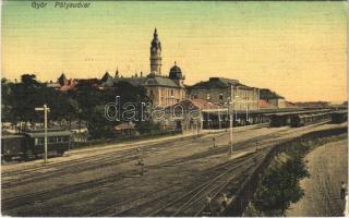 1910 Győr, Pályaudvar, Vasútállomás, vonat, gőzmozdony. Berecz Viktor kiadása (EK)