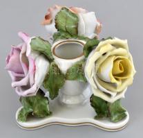 Herendi rózsás gyertyatartó, kézzel festett, jelzett, lepattanásokkal, d: 11 cm