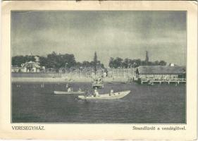 1929 Veresegyház, Strandfürdő a vendéglővel, evezős csónakok, fürdőzők. Rosenberg kiadása (kis szakadás / small tear)