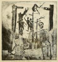 Balogh László (1930-2002): Illusztráció, Rimbaud: Akasztottak bálja. Rézkarc, papír, jelzett. Üvegezett fa keretben, 26x23,5 cm