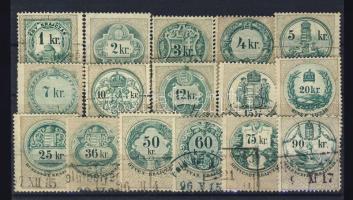 1891 Okmánybélyeg sor 16 db klf Krajcáros értéke stecklapon